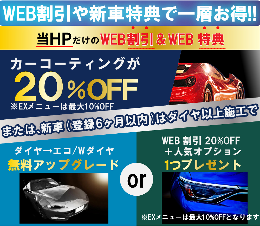 カーコーティング専門店 キーパースズキアリーナ八代店/菊陽大津店のコーティングはHPだけのWEB割＆特典をご用意！新規のお客様で、当HPからお電話またはメールにてご予約・お見積頂いたお客様には、キーパーの施工料金を20％割引割引させて頂きます！また新車（登録6カ月以内）はダイヤモンドキーパー以上の施工でエコダイヤキーパー/ダブルダイヤキーパーへ無料アップグレードor人気オプションを無料プレゼント！